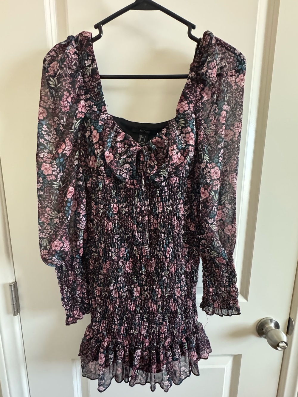 Forever 21 Black Floral Smocked Long Sleeve Mini Dress